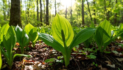 Lush green plants in a sunlit forest floor