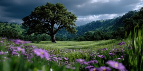 Scenic landscape featuring a large tree surrounded by vibrant flowers in a lush green valley under a cloudy sky