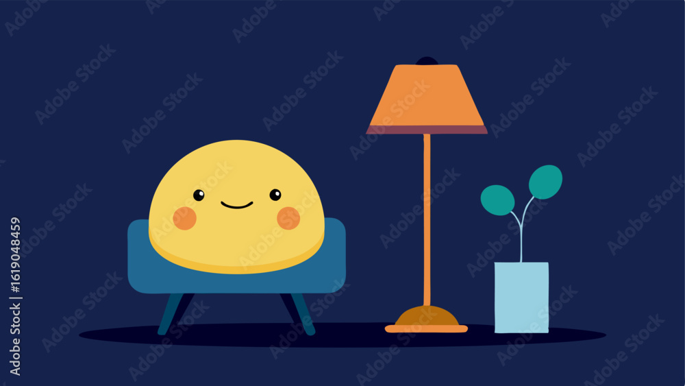 Poster chatty lamp a e table lamp with a round body and a lampshade that resembles a friendly face. its lea