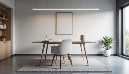 Modern minimalist office interior featuring a sleek wooden table, cozy white chair, and potted plant against a light gray wall with empty frame, concept of interior design or furniture store