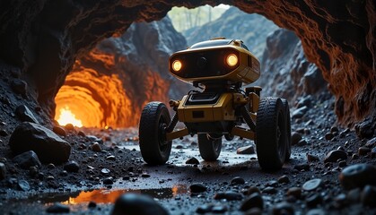 Cute yellow robot exploring a rocky cave with glowing eyes in an adventurous atmosphere, concept of technology or robotics