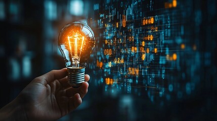Hand Holding Glowing Lightbulb Against A Digital Data Background