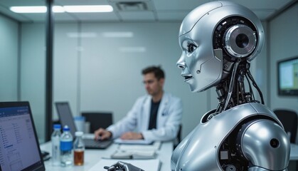 Robot assistant focused on technology in a modern office environment with a human colleague working in the background, business concept of artificial intelligence or tech consulting