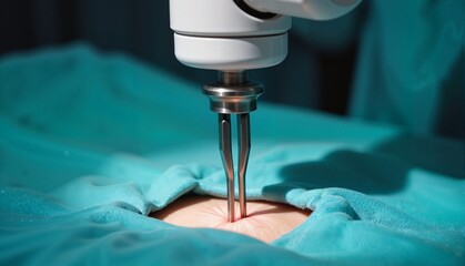 Precision robotic surgical instrument performing an operation on a patient with draped turquoise covering in a sterile medical environment, healthcare concept of surgery or hospital
