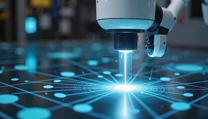 Robotic arm interacting with glowing digital network, showcasing advanced technology and precision, on a futuristic workspace background, concept of technology, automation, manufacturing