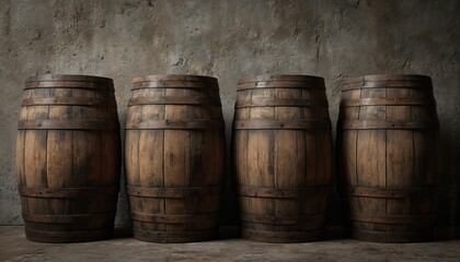 Four weathered oak barrels arranged in row against textured wall. Aged wooden casks with rough surfaces evoke sense of history, tradition in rustic cellar setting. Ideal for representing storage,