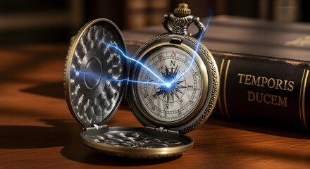 A conceptual metaphor for finding direction in life, an antique pocket watch with a detailed compass as its face and hands made of glowing light.