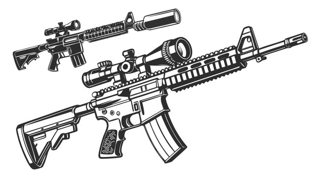Two detailed illustrations of ar fifteen rifles with scopes and a silencer in monochrome style created with generated ai