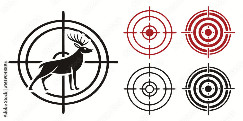 Poster silhouette of a deer inside a target with other targets in black and red color variations shown crea