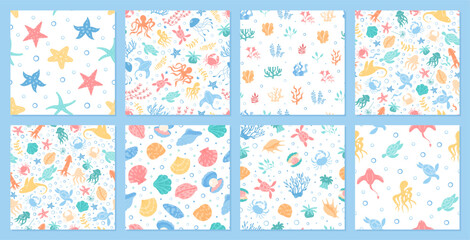 Seamless underwater pattern set with marine life, including starfish and coral, in cartoon doodle style. Ocean aquatic textures with vibrant colors. Perfect background for marine projects, offering a