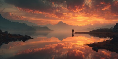 Fototapeta premium Couple enjoys a romantic sunset reflection on a serene lake surrounded by mountains at dusk