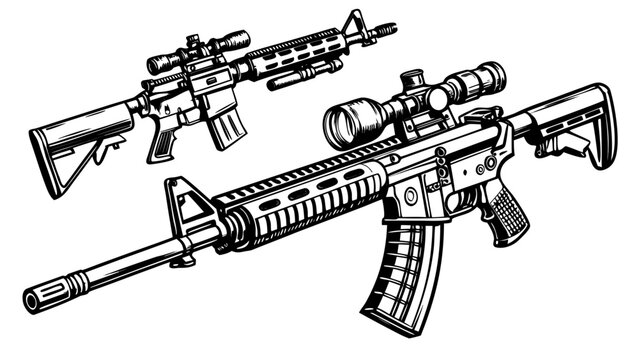 Two ar 15 style rifles with scopes and magazines in black and white illustration style design created with generated ai