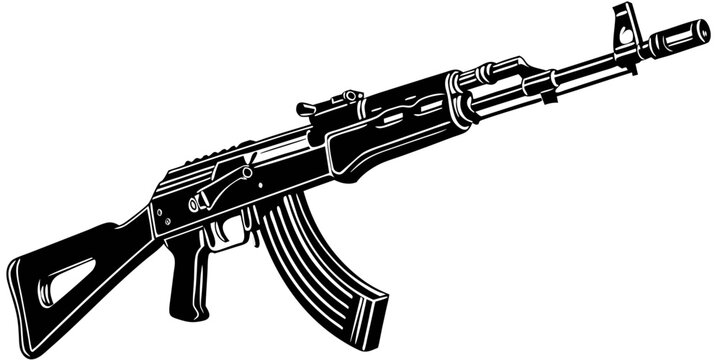 A detailed black and white illustration of an ak 47 assault rifle with a curved magazine and sights created with generated ai