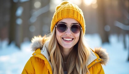 woman wearing a yellow knit hat, yellow fur-trimmed jacket, and round sunglasses, smiling in a snowy outdoor setting, created with generative ai