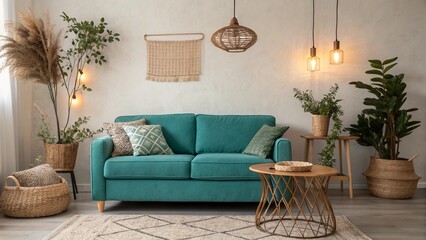 Minimalist Boho Interior with a Teal Sofa
Cozy Living Room with Natural and Woven Decor
Stylish and Serene Home with a Pop of Color
Modern Interior with a Teal Couch and String Lights