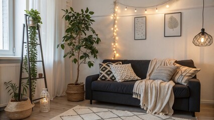 Fototapeta premium Nordic Room with a Dark Couch and Layered Cushions Cozy Scandinavian Interior with Lush Green Plants Modern and Elegant Living Room with a Tufted Sofa Stylish Home Decor with a Moody 