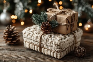 Festive gift arrangement with natural elements and warm background lights in cozy winter setting