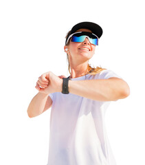 Joyful runner checking progress with smartwatch, transparent background.