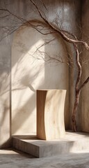 Obraz premium Wooden display stand, sunlit arched room, minimalist interior, product photography