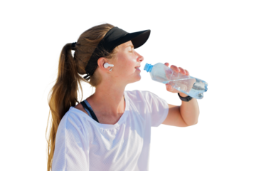 Enjoying hydration during a workout break, transparent background.