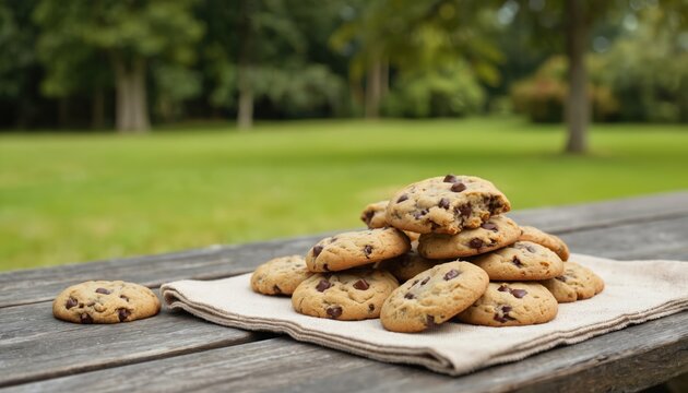 Pile of freshly baked chocolate chip cookies stacked on picnic table linen. Outdoors in sunny park setting with green grass, trees background. Wholesome homemade dessert treat. - Powered by Adobe