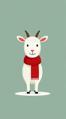 Cute cartoon goat in red scarf on green background