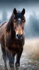 Obraz premium Brown horse walking in misty meadow with soft focus background during early morning light