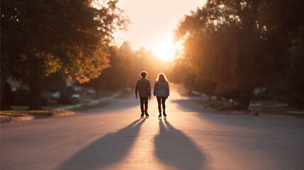 A couple roller skating into the sunset on a quiet street. Represents freedom, togetherness, healthy lifestyle, and the pursuit of shared goals. Serene and optimistic.