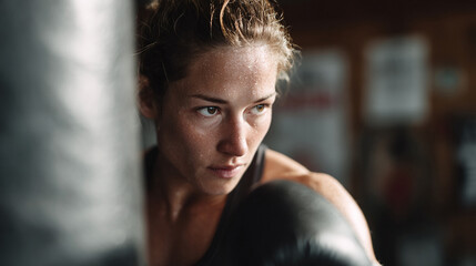 Intense portrait of a female boxer training with a punching bag. Focus, determination, and sweat embody strength and resilience. Perfect for fitness, sport, or motivational themes.