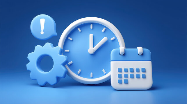 3D illustration of blue clock, calendar, gear, and speech bubble with exclamation mark, representing time management, scheduling, and productivity concepts in a modern design