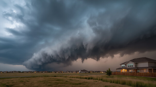 Dramatic storm clouds gather over suburban landscape, creating an intense atmosphere with dark skies, contrasting light, and a sense of impending weather change in the evening light
