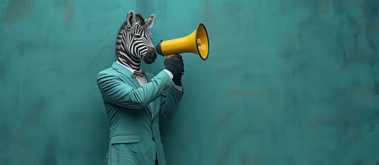 A man wearing a zebra mask and a blue green suit, holding a megaphone
