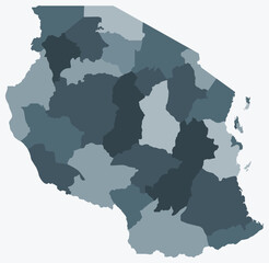 Map of Tanzania with regions. Just a simple country border map with region division. Blue grey color palette. Flat United Republic of Tanzania shape with administrative division. Vector illustration.