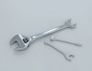 Shiny metallic 3D wrench tool set, adjustable spanner and other wrenches displayed. Realistic silver steel objects for mechanics, construction, repair, and industrial visuals.
