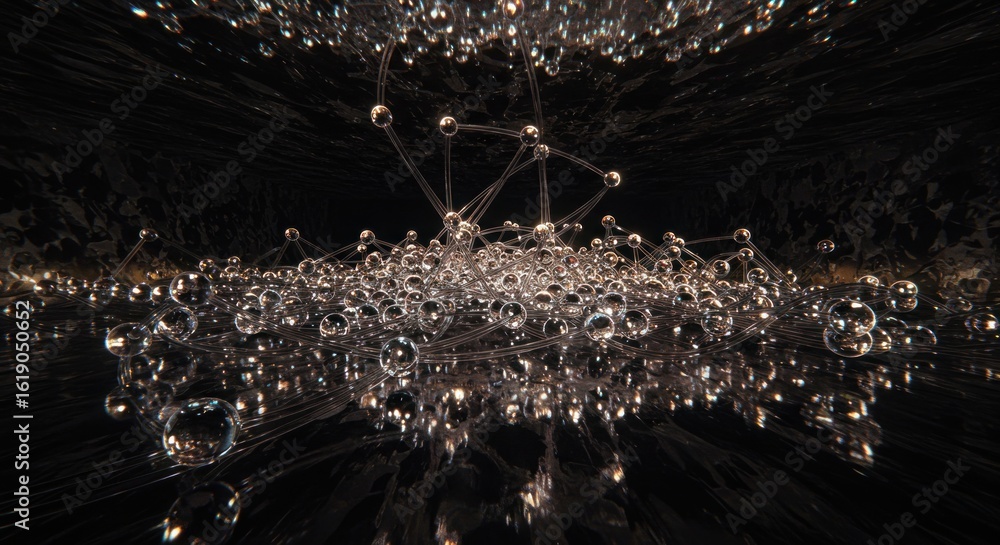 Poster complex network structure visualization featuring interconnected metallic spheres abstract pattern