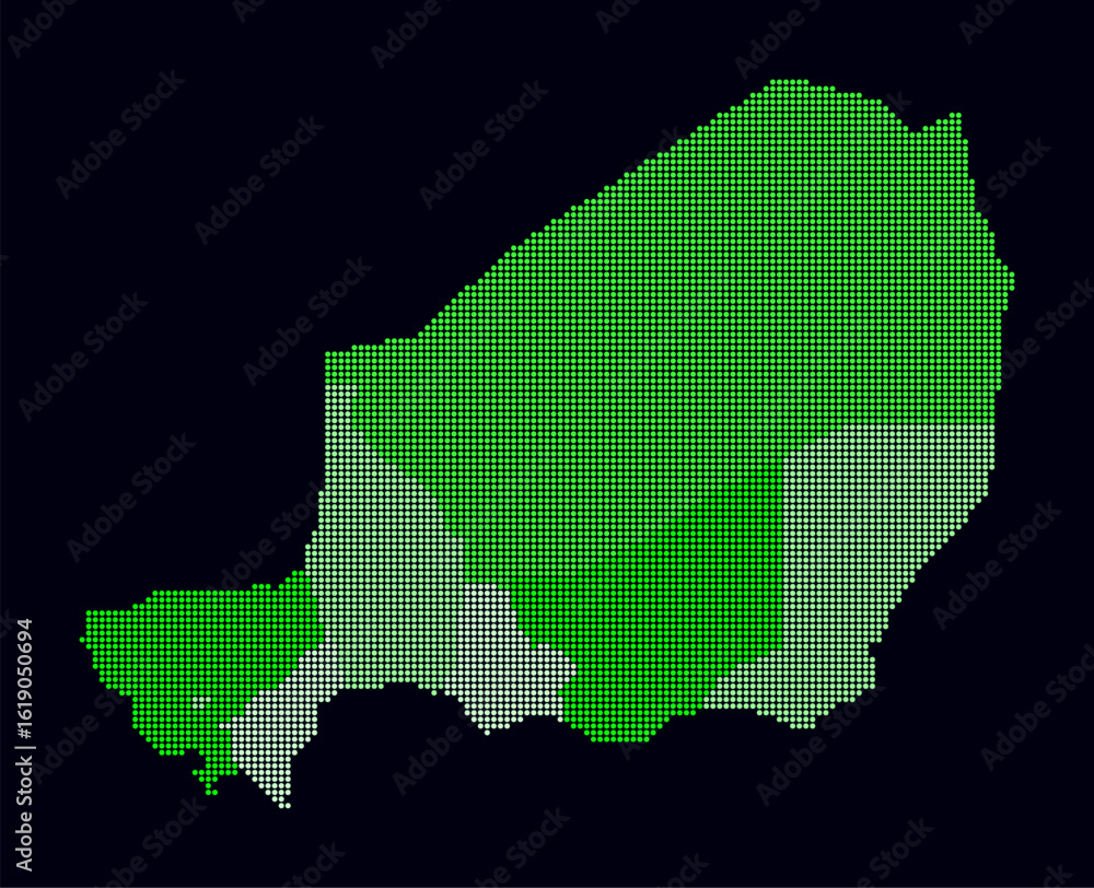 Poster niger dotted map. digital style map of the country on dark background. niger shape with circle dots.