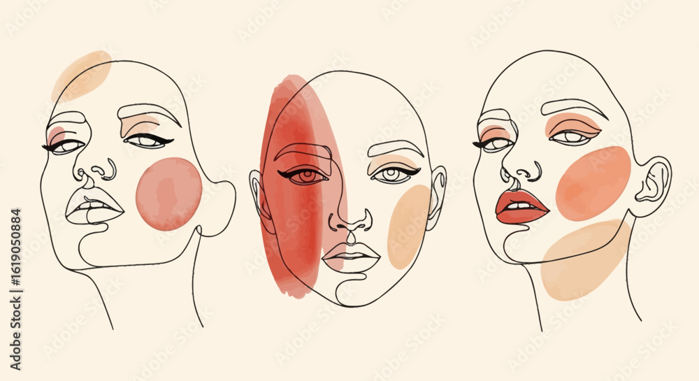 Poster collection of elegant female face illustrations created with a single continuous line and vibrant co