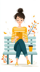Young caucasian female using tablet on park bench with coffee cup and autumn leaves