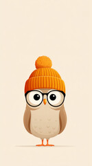 Cute cartoon owl wearing orange beanie and glasses on beige background