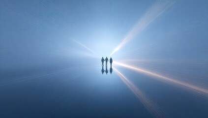 Couple walking towards light, reflecting on flat surface, peaceful background; hope, future concept