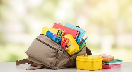 Back to school concept with a brown backpack overflowing with colorful stationery and essential supplies for the academic year.