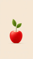 Red apple with leaves on beige background
