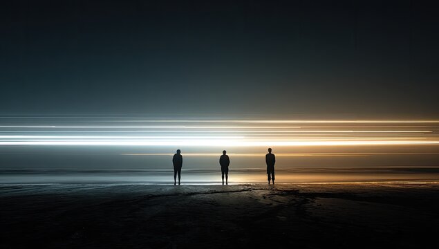 Night beach silhouettes, light trails, ocean horizon; contemplative mood, website banner