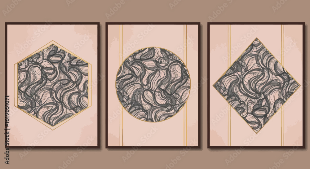 Poster a modern triptych of wall art featuring abstract charcoal sketch patterns within gold-trimmed geomet