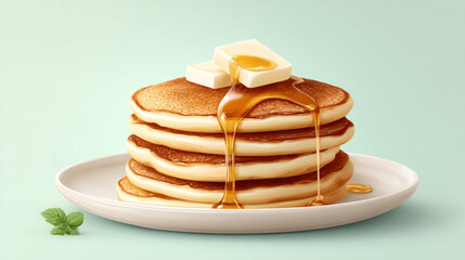 Stack of fluffy pancakes with butter and maple syrup on white plate