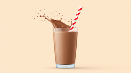 Splashing chocolate milk in glass with red and white straw on beige background