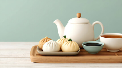 Tea set with dim sum on tray with steamed buns and sauces
