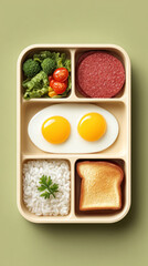 Balanced breakfast bento with eggs, vegetables, rice, and toast on green background