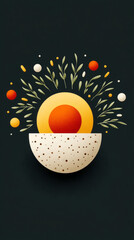 Abstract floral sunburst design with geometric shapes on black background