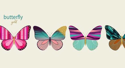 A beautiful collection of four stylized butterflies with vibrant, modern patterns and gold accents. Vector illustration set.